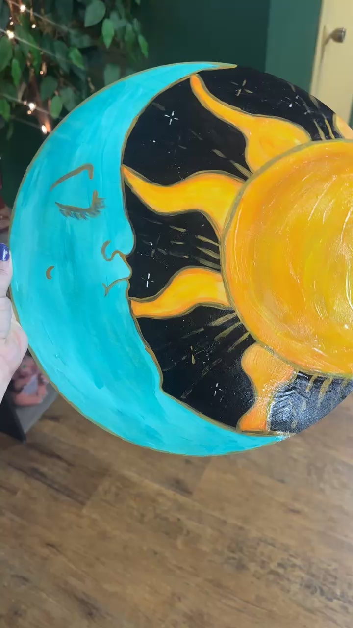 Hand painted sun Moon wood piece
